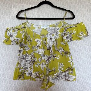 Sweet Rain Womens Cold Shoulder Floral Print Tie Front Blouse Top Size L